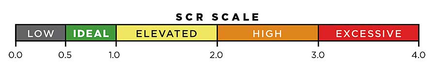 SCR Scale – 0.0-0.5 Low; 0.5-1.0 Ideal; 1.0-2.0 Elevated; 2.0-3.0 High; 3.0-4.0 Excessive