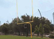 Yellow uprights on the Alumagoal Gooseneck Goalposts
